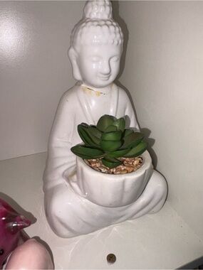 White Ceramic Buddha Planter with Green Succulent